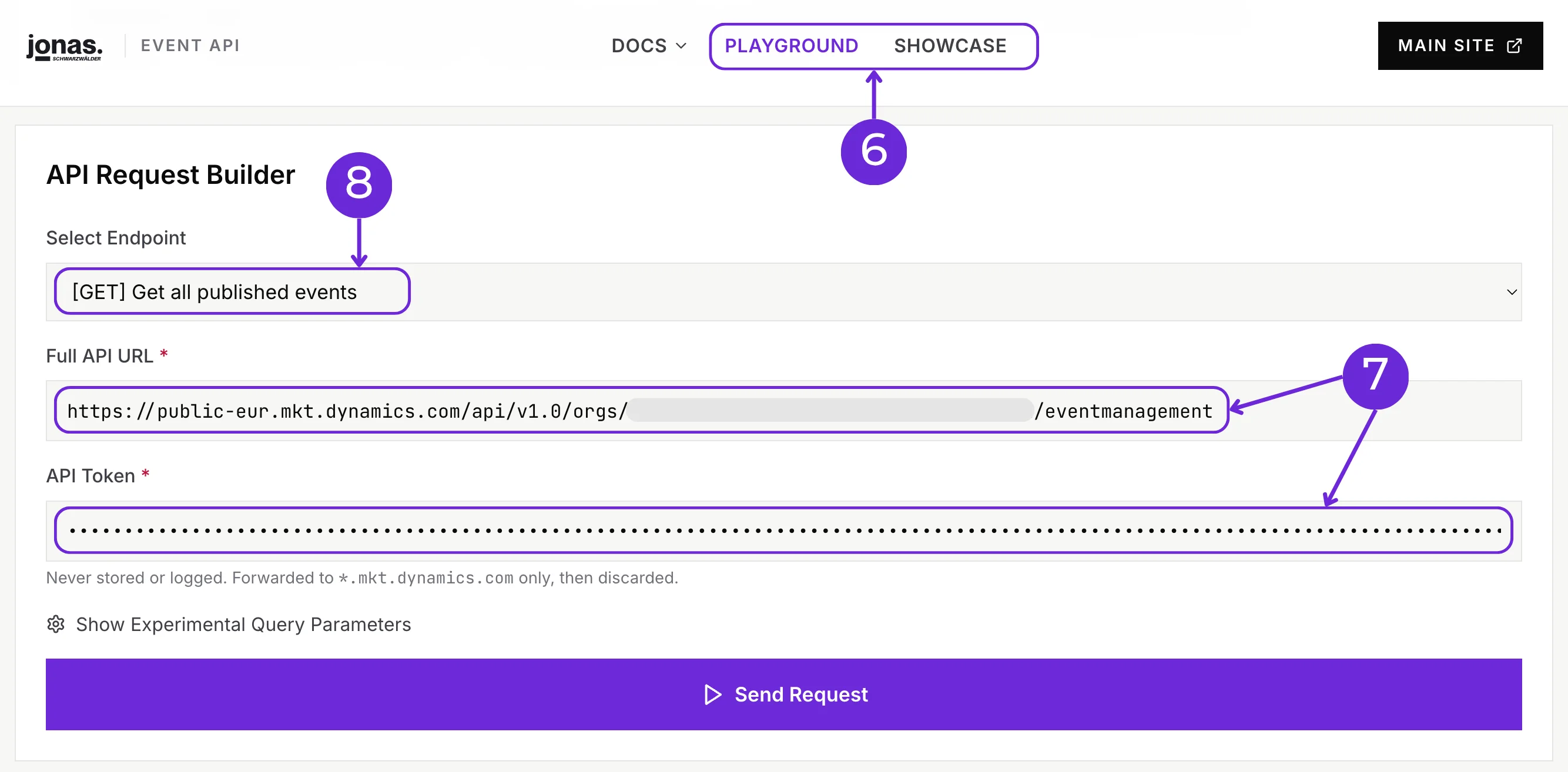 Playground with Endpoint URL and Token fields (callouts 6 and 7) and Select Endpoint dropdown (callout 8)