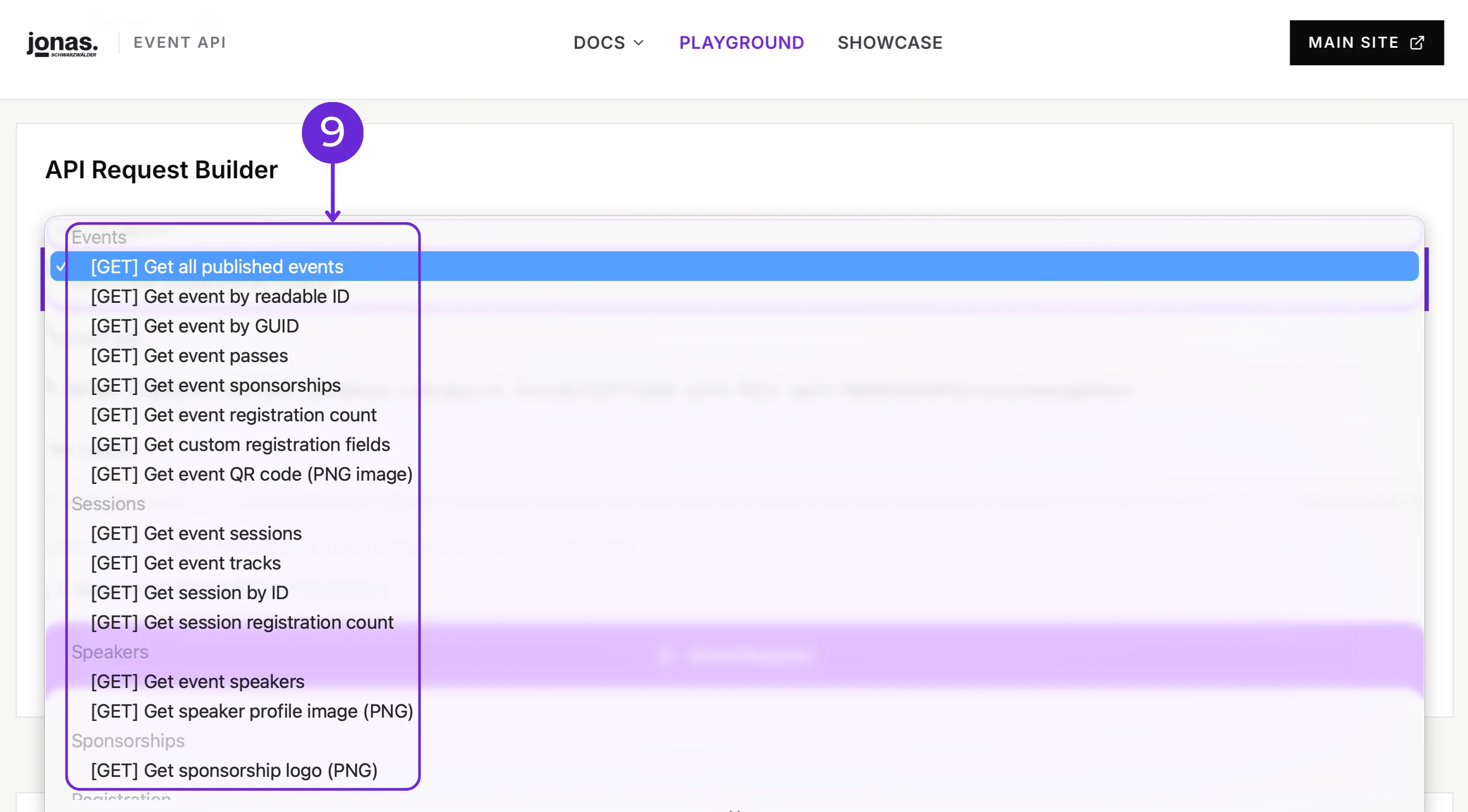 Select Endpoint dropdown showing all available API calls grouped by category (callout 9)