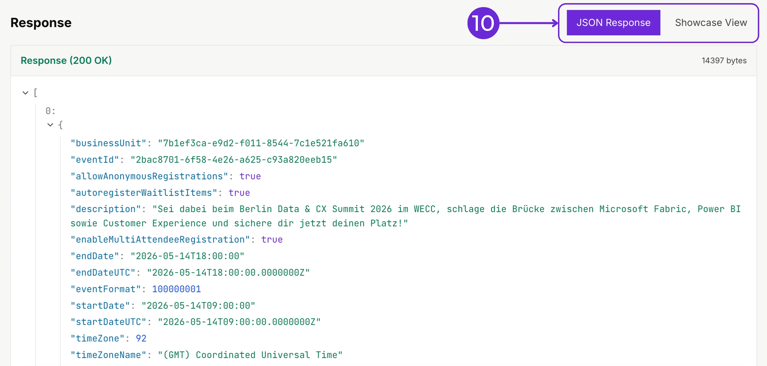 JSON response section with the JSON Response / Showcase View toggle (callout 10)
