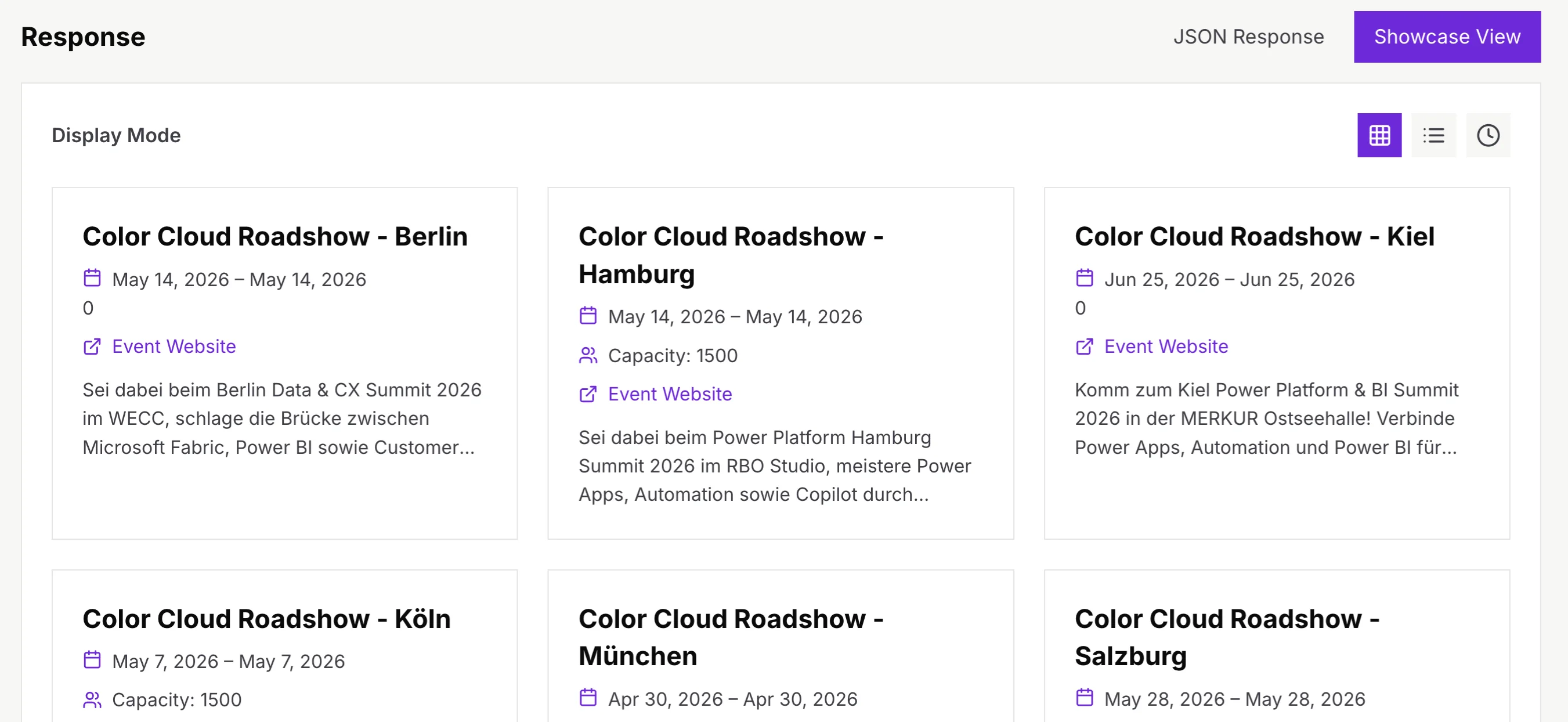 Showcase View rendering event data as a real event portal
