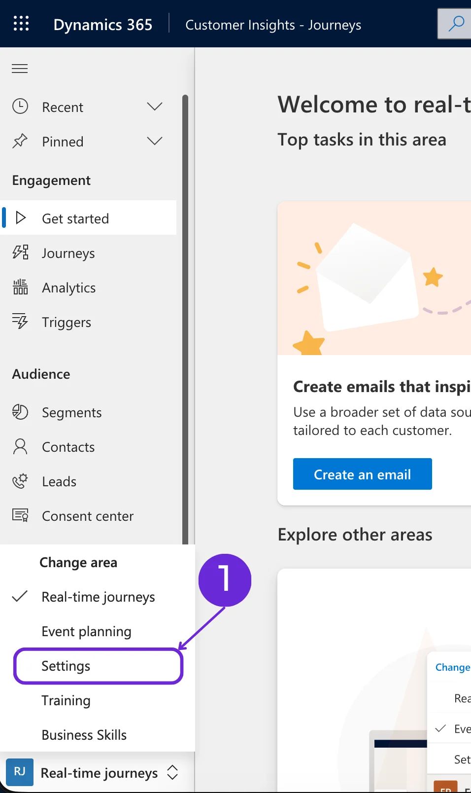 Settings area — use the Change area menu to switch to Settings (callout 1)