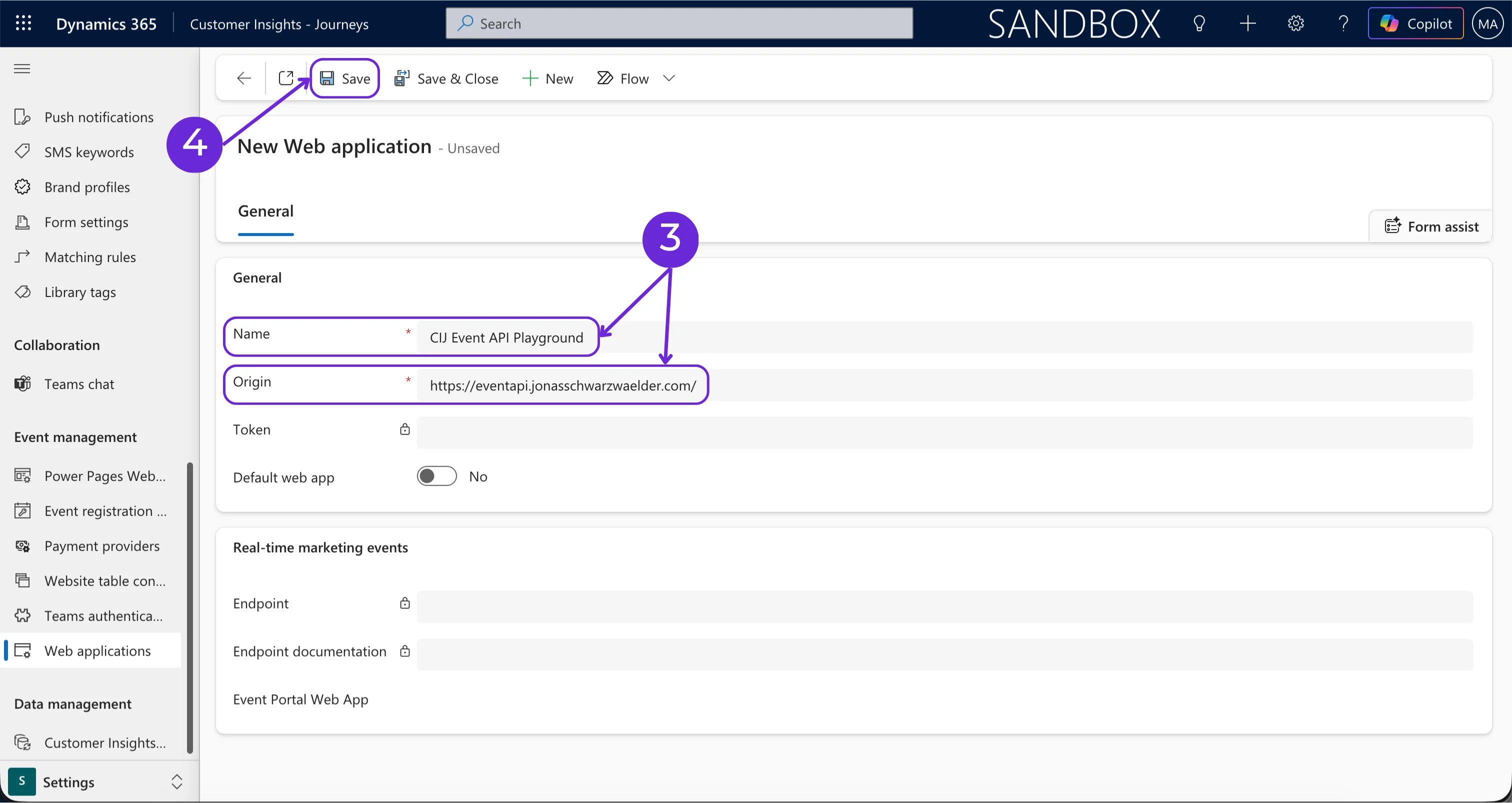 New Web Application form with Name and Origin fields (callout 3) and Save button (callout 4)