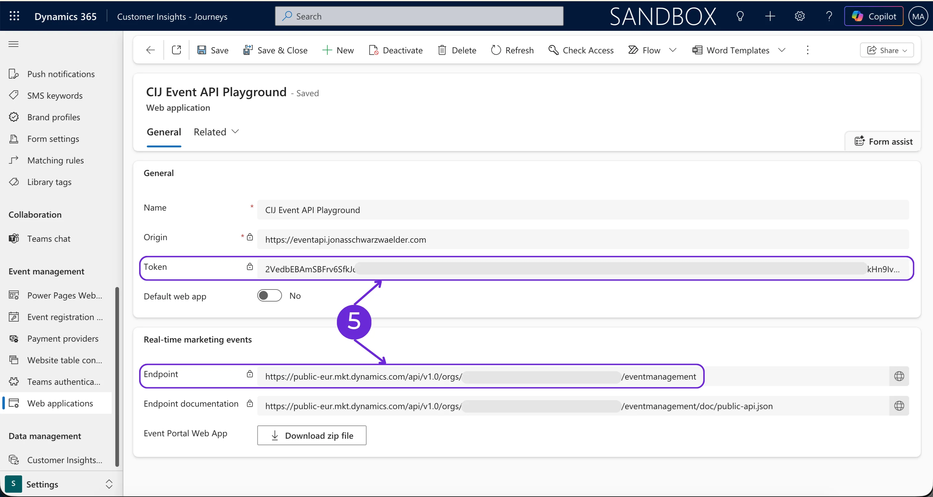 Saved record showing the Endpoint URL and Token (callout 5)