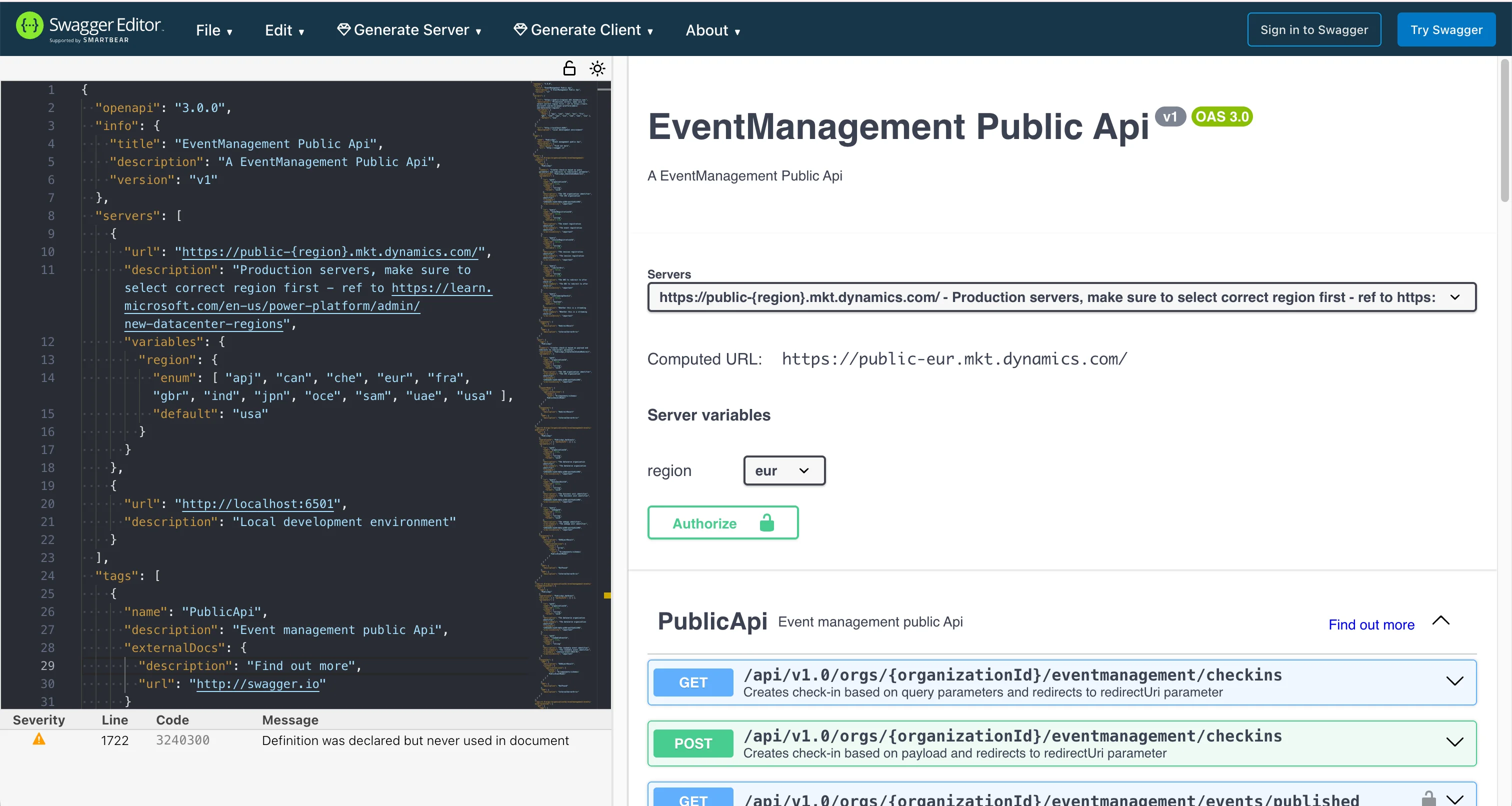 API definition URL location in the saved record