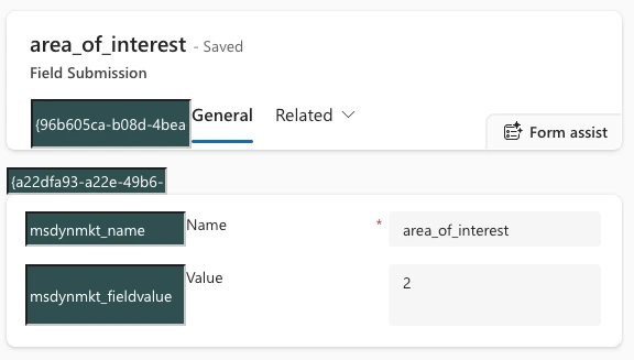 The Field Submission record for area_of_interest, showing msdynmkt_name and msdynmkt_fieldvalue