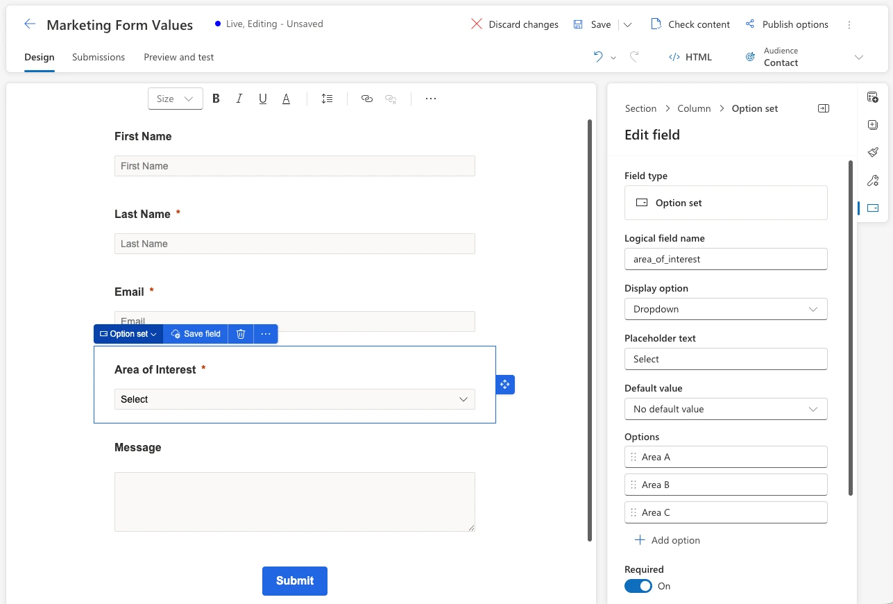 The marketing form in the designer, with the Area of Interest option set and its logical field name area_of_interest