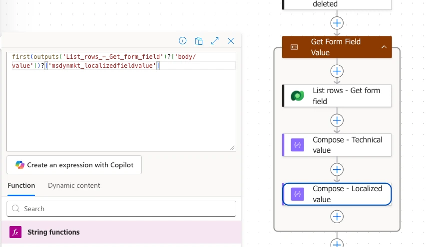 The localized value expression in the Power Automate expression editor
