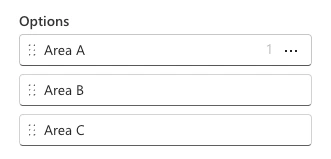The option set values behind the labels, where Area A carries the technical value 1